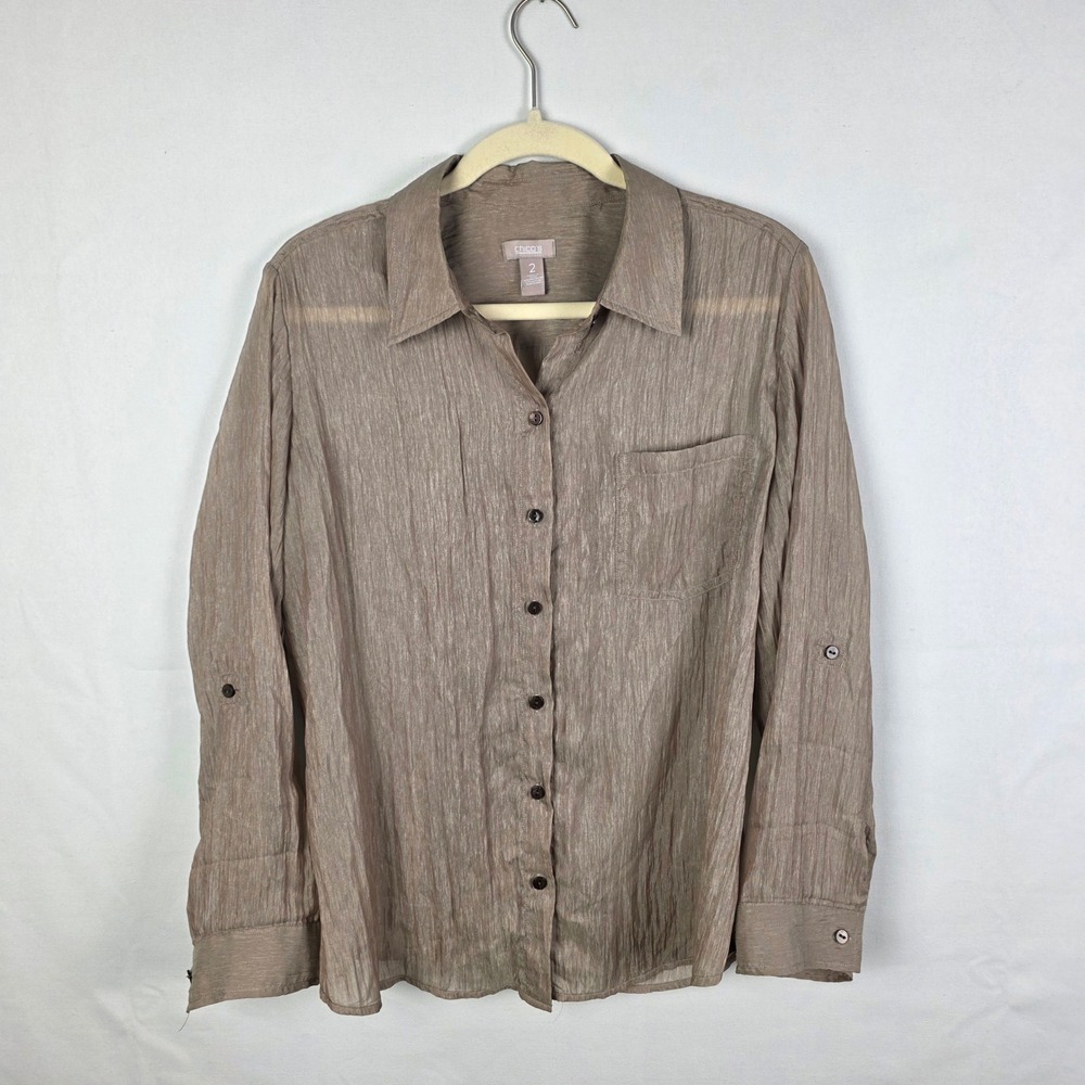 Chicos Taupe Metallic Textured Button Down Blouse Roll Tab Sleeve Size 2 L XL